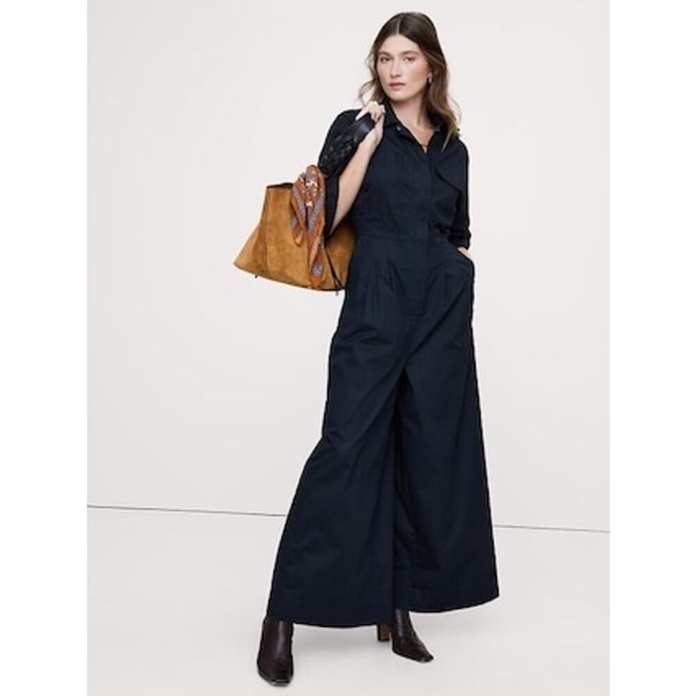 Banana Republic Plus 100% Cotton Navy Blue Stretch Wide Leg Utility Jumpsuit- 16